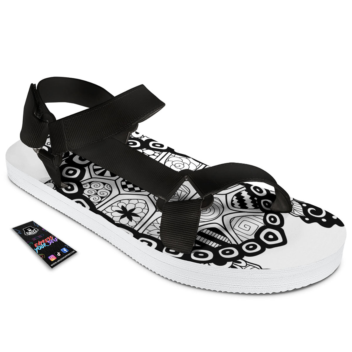 Maori Sea Turtle White And Black Print Black Open Toe Sandals-grizzshop