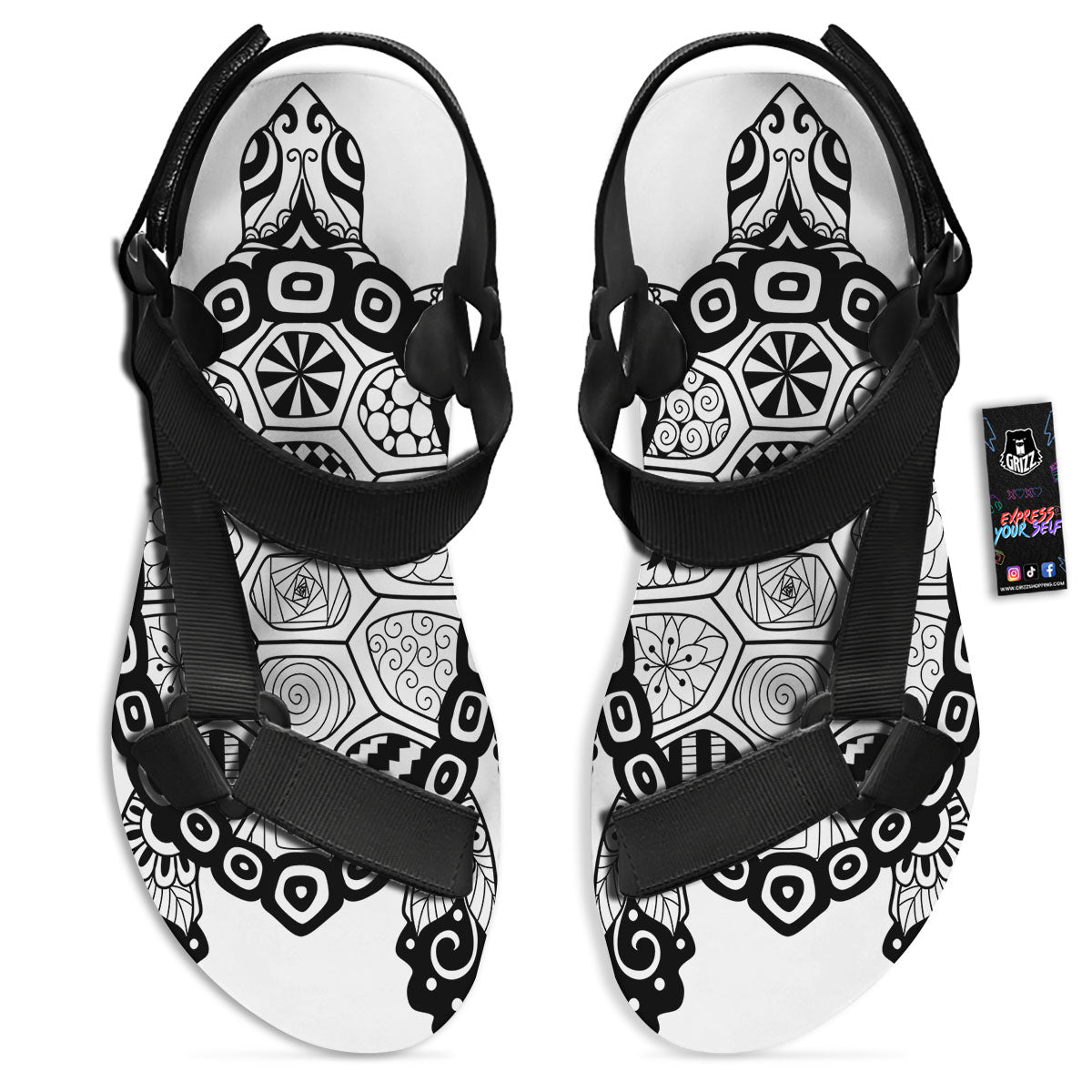 Maori Sea Turtle White And Black Print Black Open Toe Sandals-grizzshop
