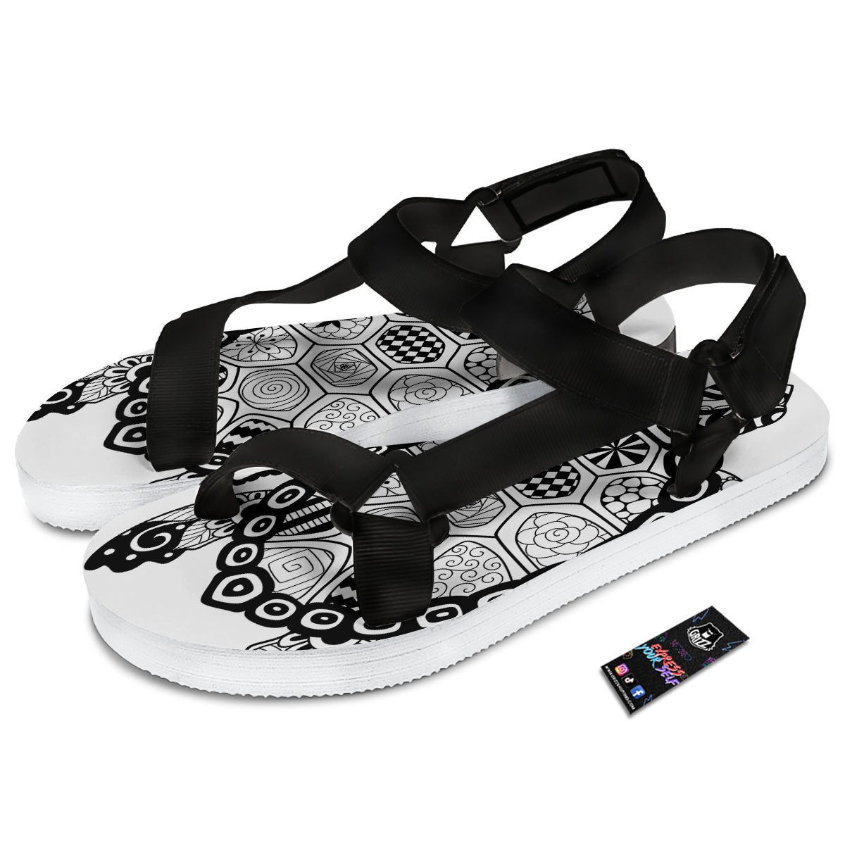 Maori Sea Turtle White And Black Print Black Open Toe Sandals-grizzshop
