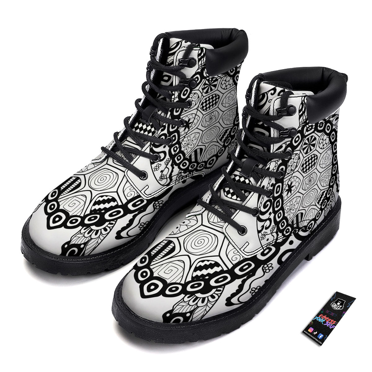 Maori Sea Turtle White And Black Print Boots-grizzshop