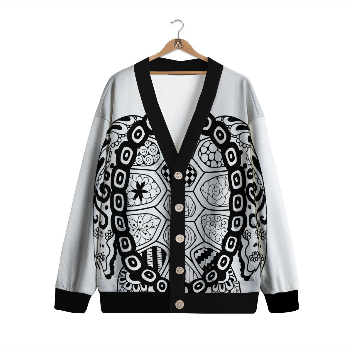 Maori Sea Turtle White And Black Print Cardigan-grizzshop