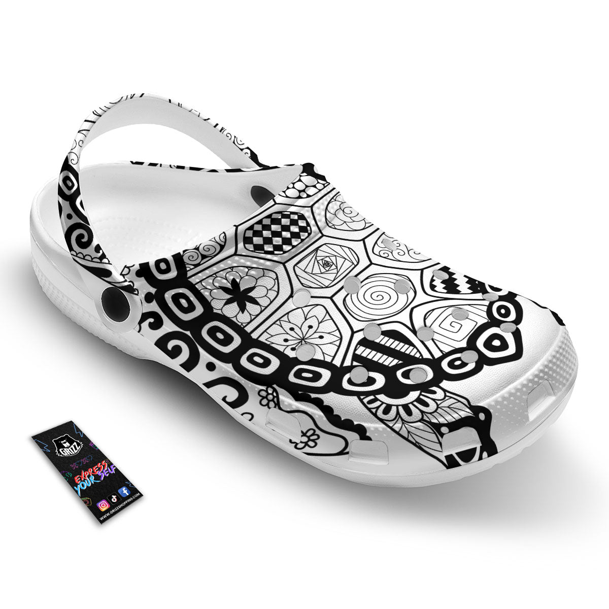 Maori Sea Turtle White And Black Print Clog-grizzshop