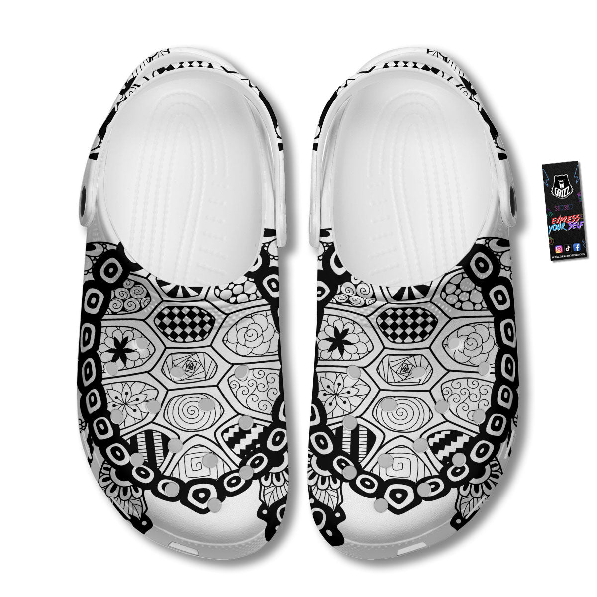 Maori Sea Turtle White And Black Print Clog-grizzshop