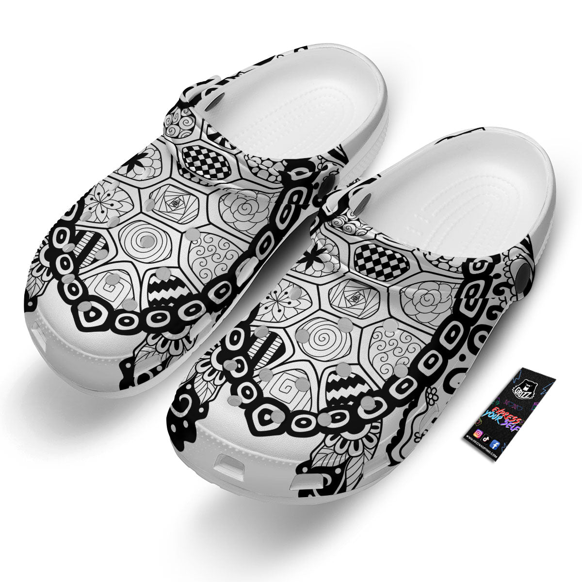 Maori Sea Turtle White And Black Print Clog-grizzshop