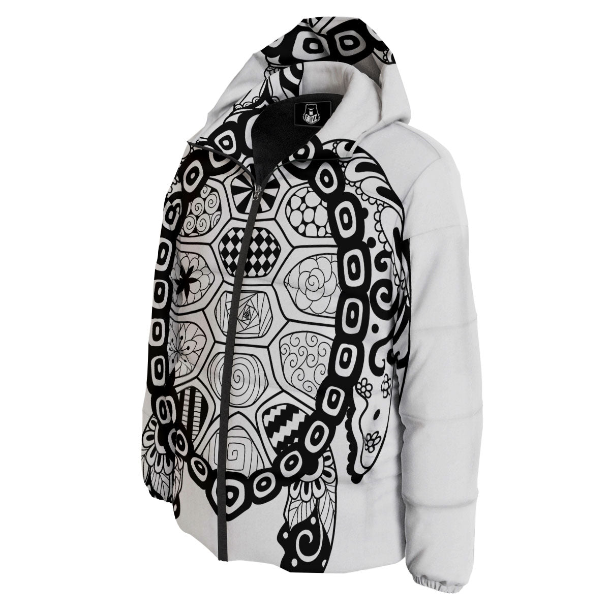 Maori Sea Turtle White And Black Print Down Jacket-grizzshop