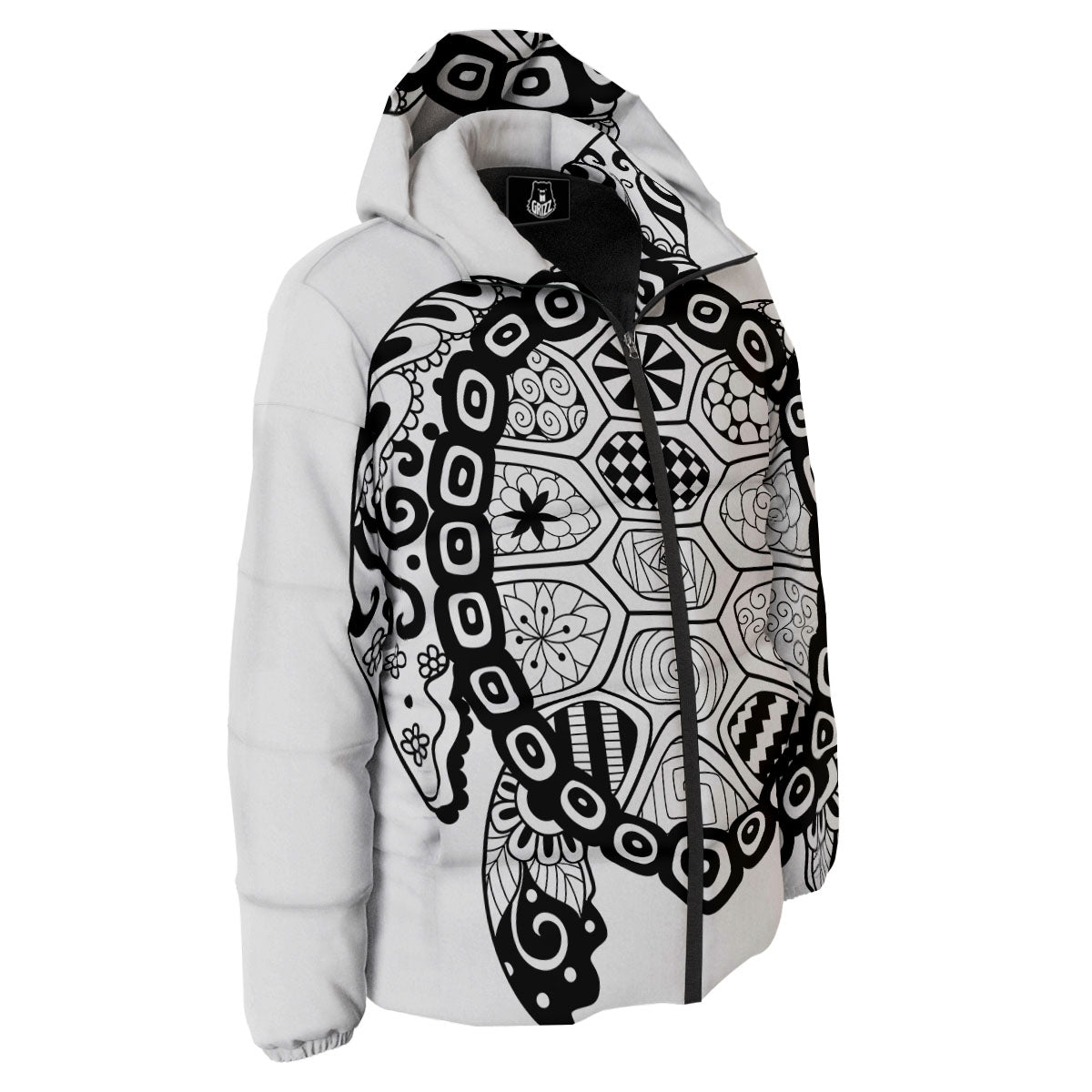 Maori Sea Turtle White And Black Print Down Jacket-grizzshop
