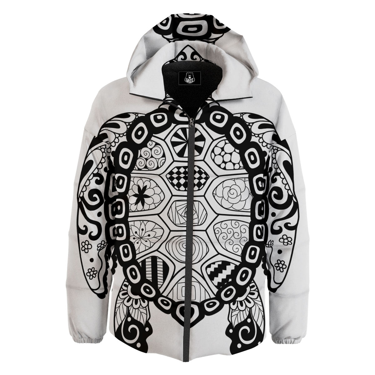 Maori Sea Turtle White And Black Print Down Jacket-grizzshop