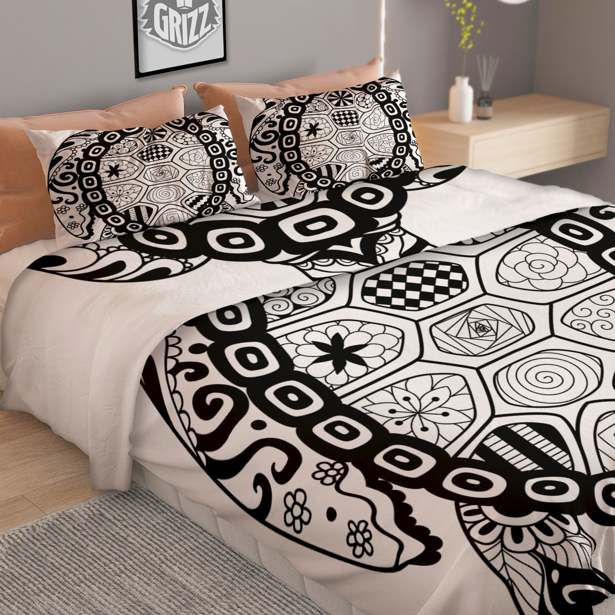 Maori Sea Turtle White And Black Print Duvet Cover Bedding Set