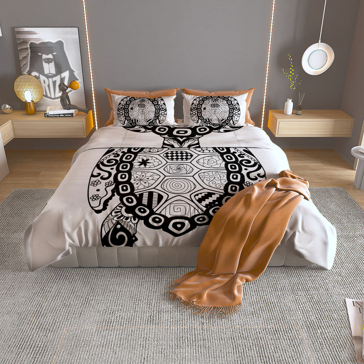 Maori Sea Turtle White And Black Print Duvet Cover Bedding Set