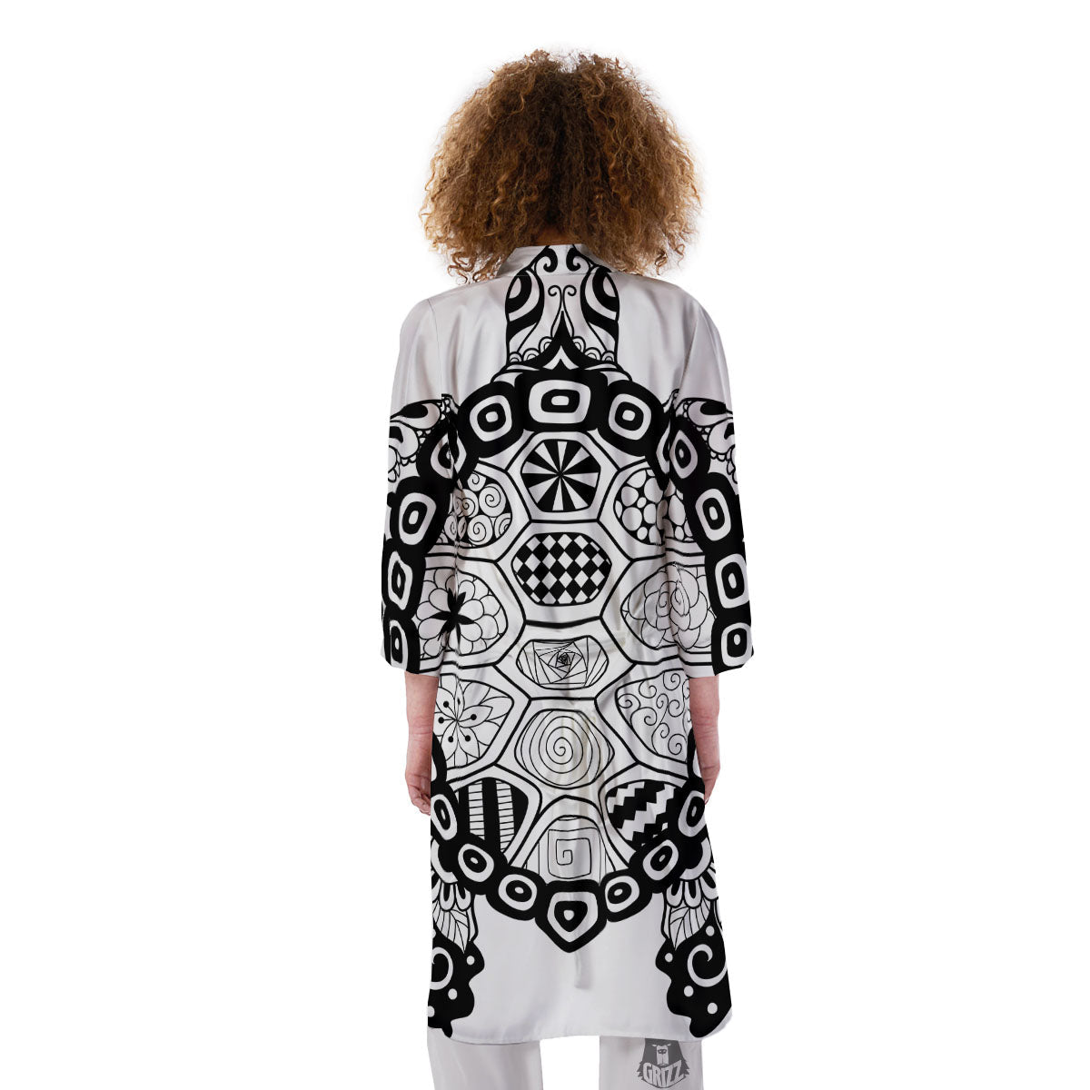 Maori Sea Turtle White And Black Print Kimono-grizzshop