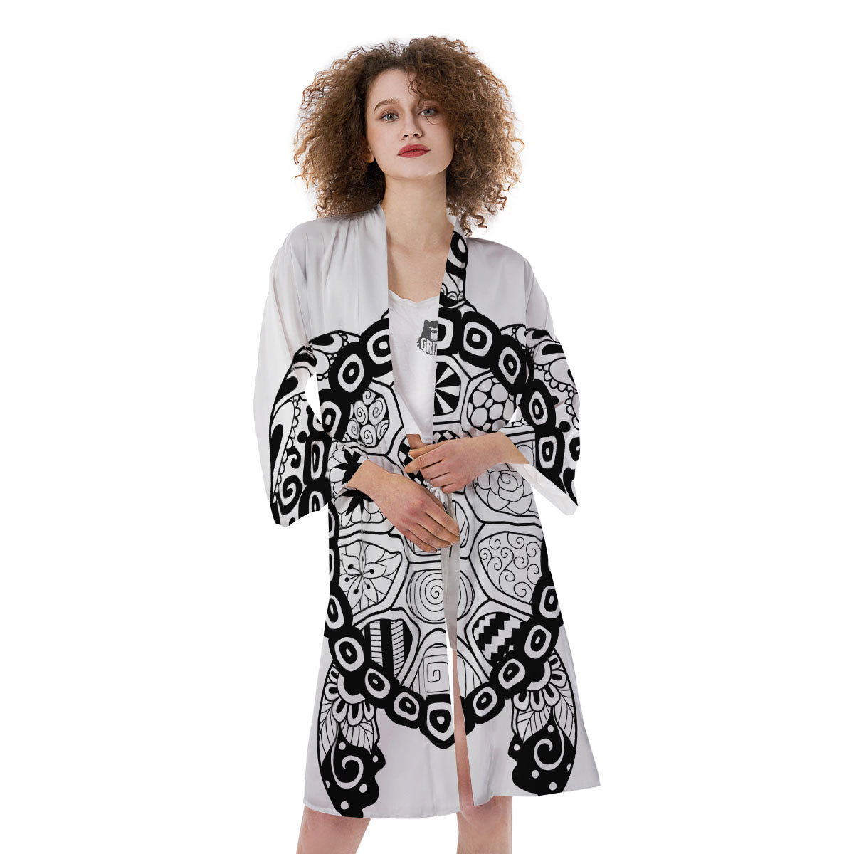 Maori Sea Turtle White And Black Print Kimono-grizzshop