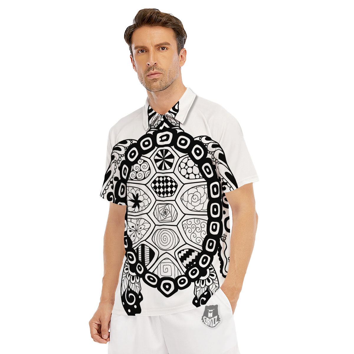 Maori Sea Turtle White And Black Print Men's Golf Shirts-grizzshop