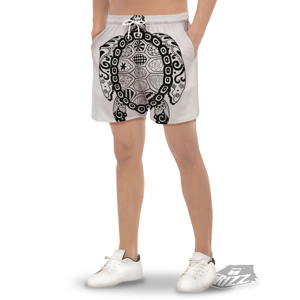 Maori Sea Turtle White And Black Print Men's Gym Shorts-grizzshop