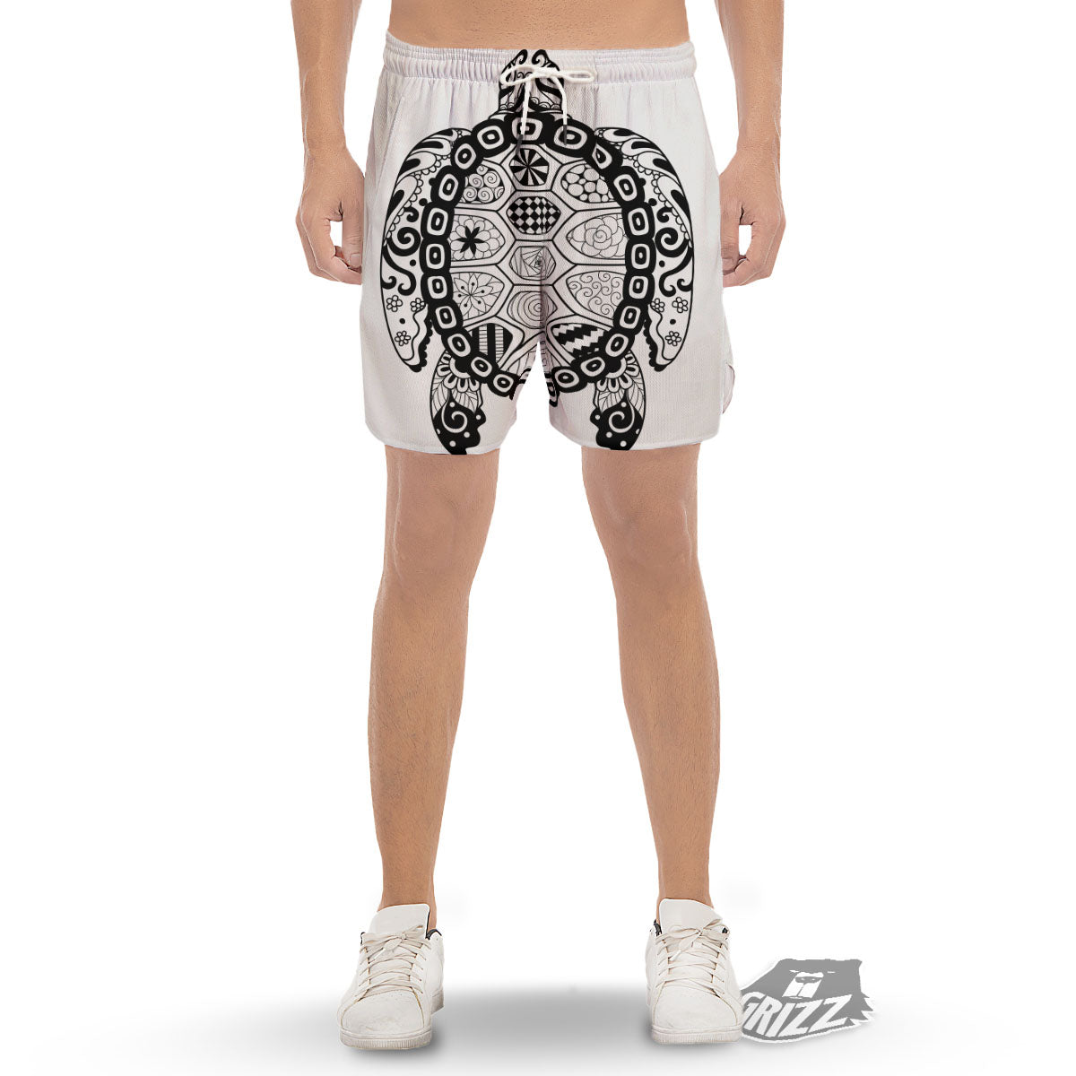 Maori Sea Turtle White And Black Print Men's Gym Shorts-grizzshop