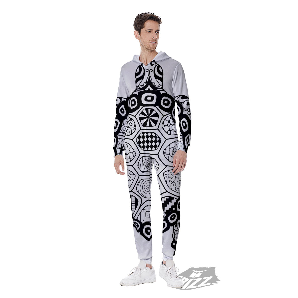 Maori Sea Turtle White And Black Print Men's Jumpsuit-grizzshop