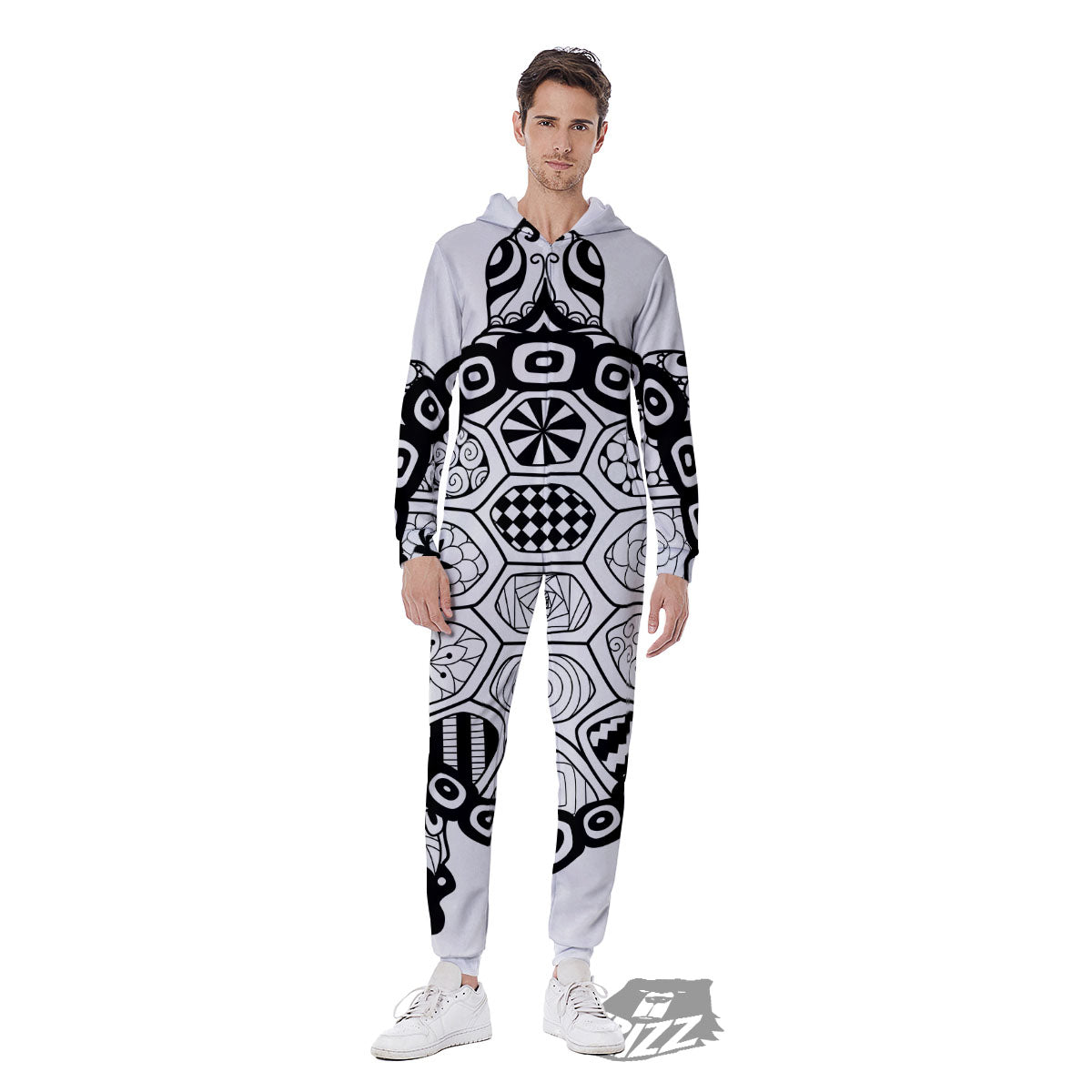 Maori Sea Turtle White And Black Print Men's Jumpsuit-grizzshop