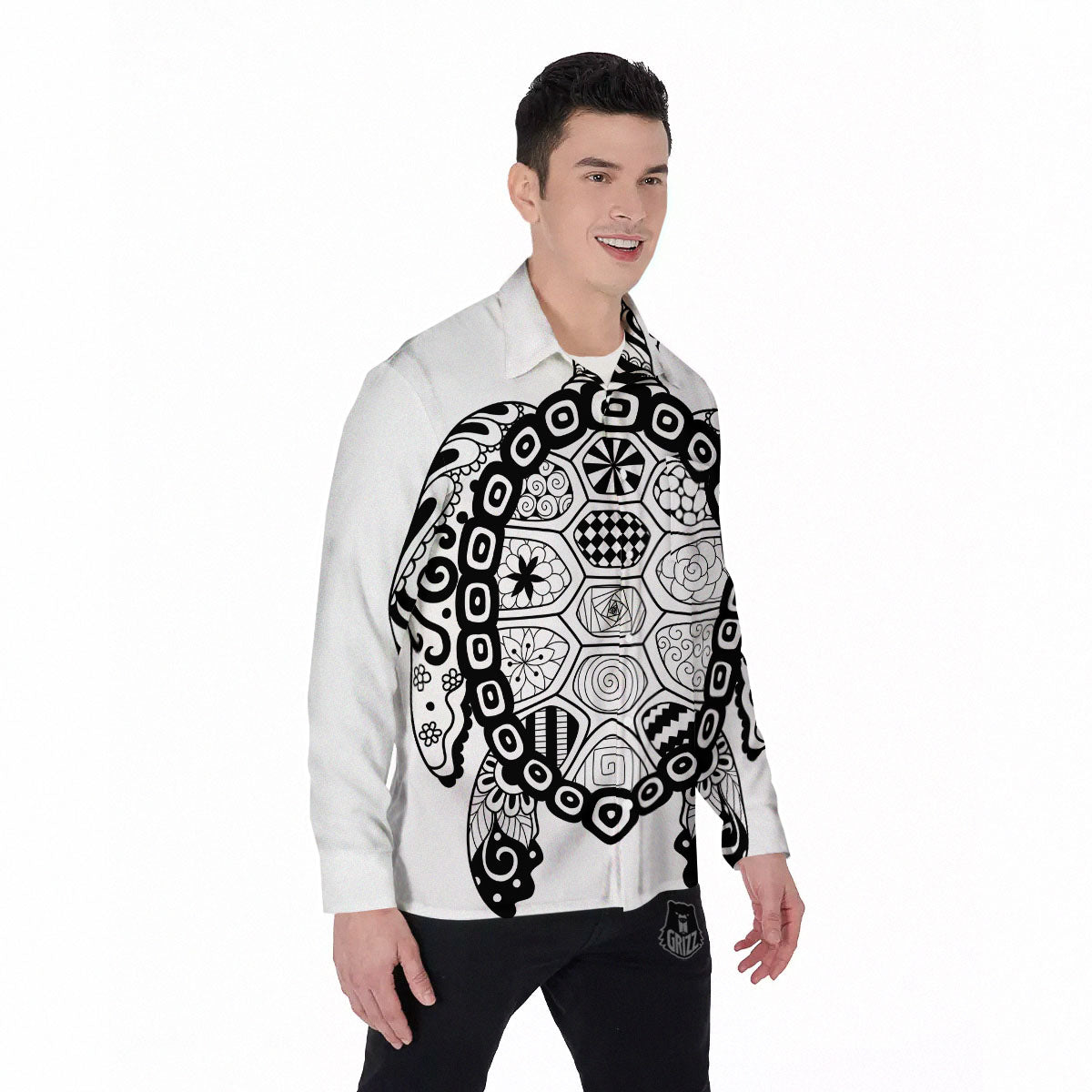 Maori Sea Turtle White And Black Print Men's Long Sleeve Shirts-grizzshop