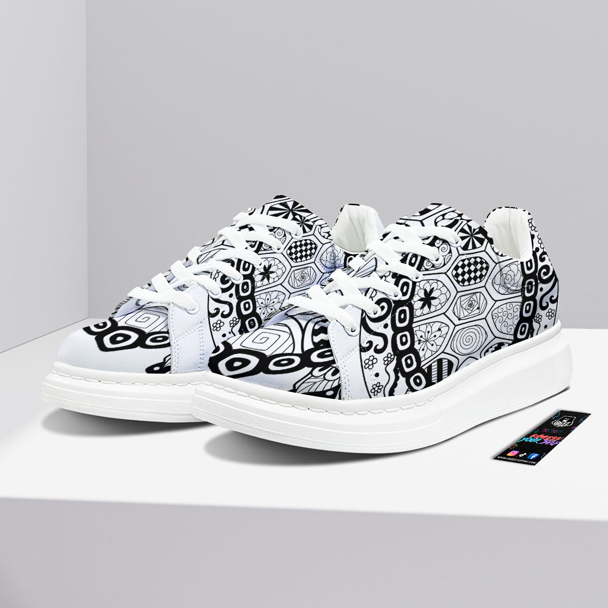 Maori Sea Turtle White And Black Print Platform Shoes-grizzshop