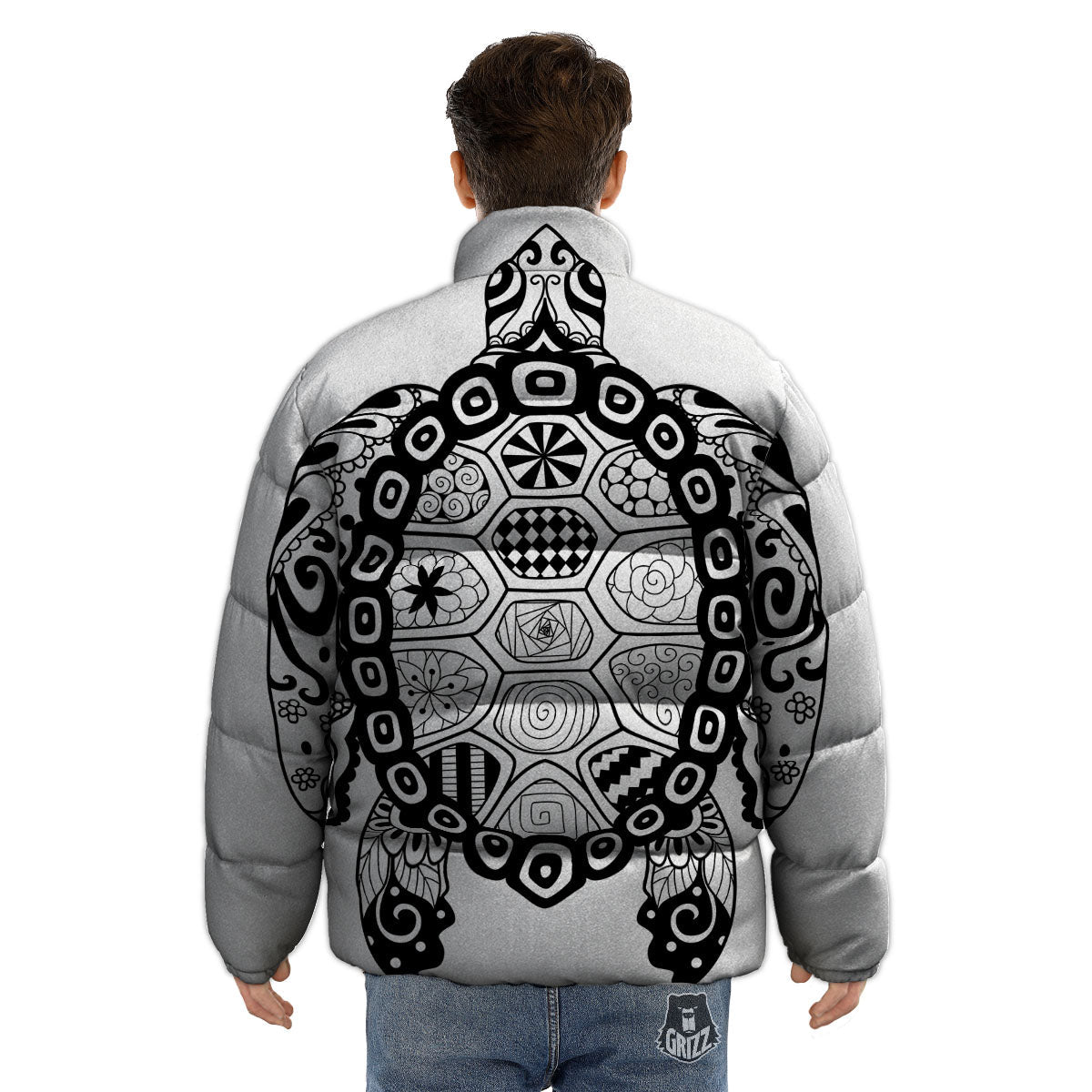 Maori Sea Turtle White And Black Print Puffer Jacket-grizzshop