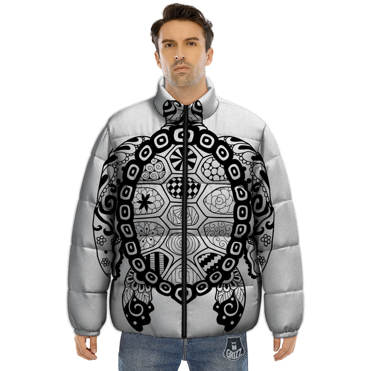 Maori Sea Turtle White And Black Print Puffer Jacket-grizzshop