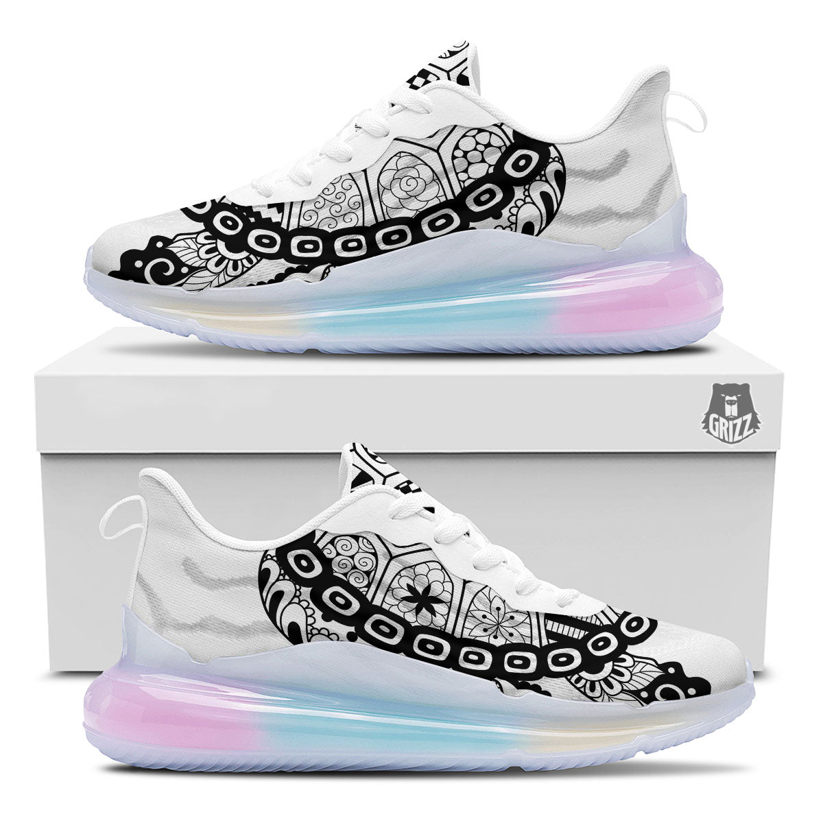 Maori Sea Turtle White And Black Print Running Sneakers-grizzshop