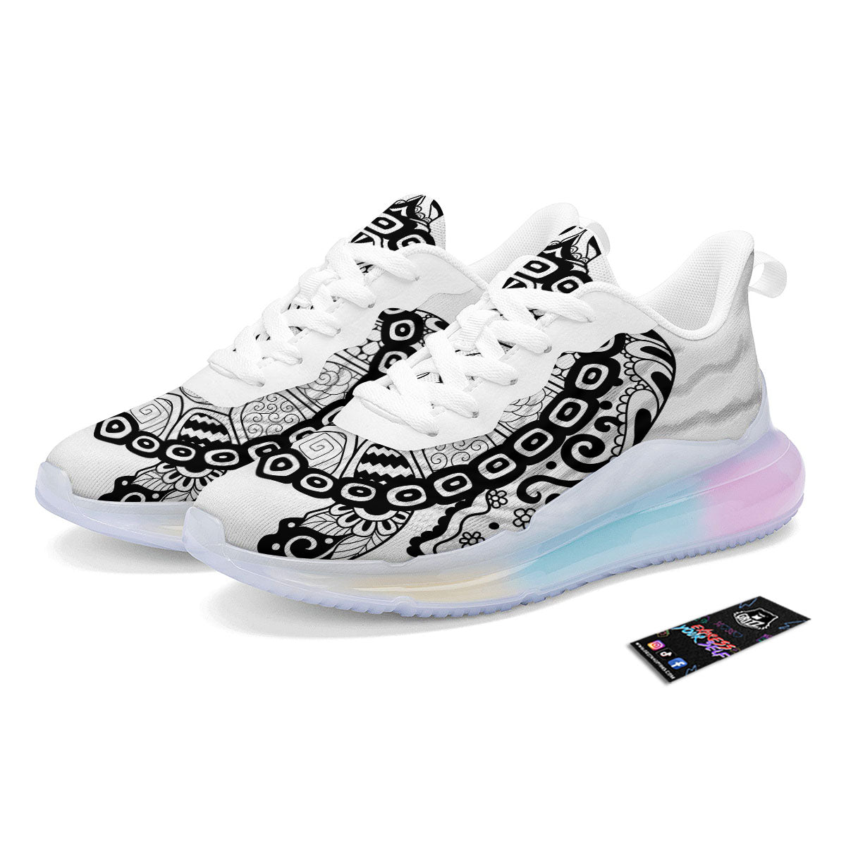 Maori Sea Turtle White And Black Print Running Sneakers-grizzshop