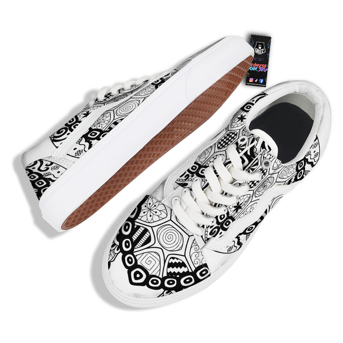 Maori Sea Turtle White And Black Print Skate Shoes-grizzshop