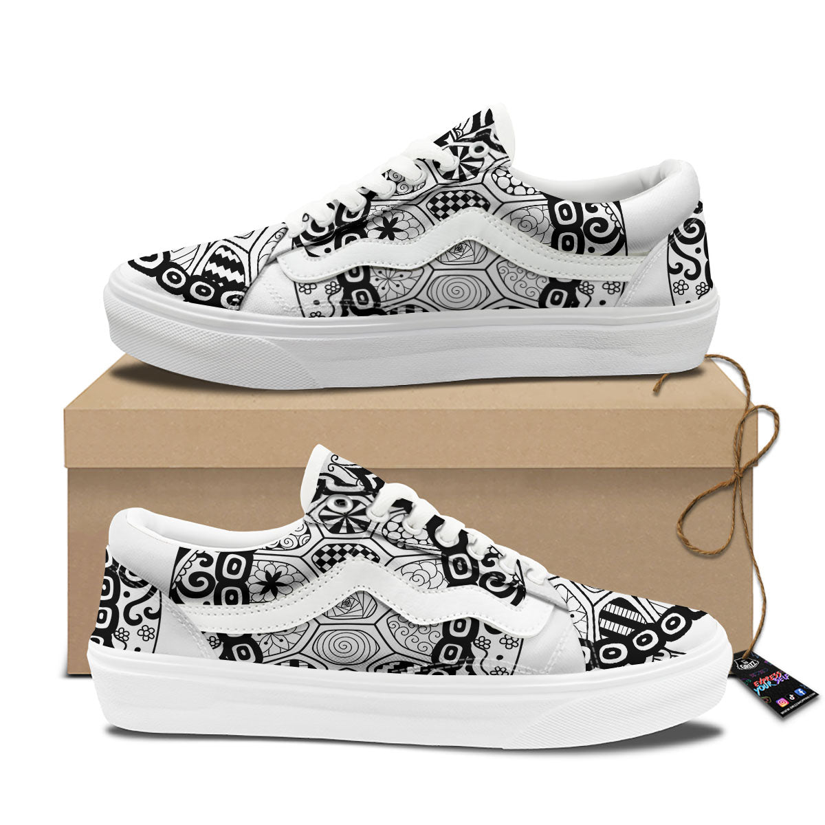 Maori Sea Turtle White And Black Print Skate Shoes-grizzshop