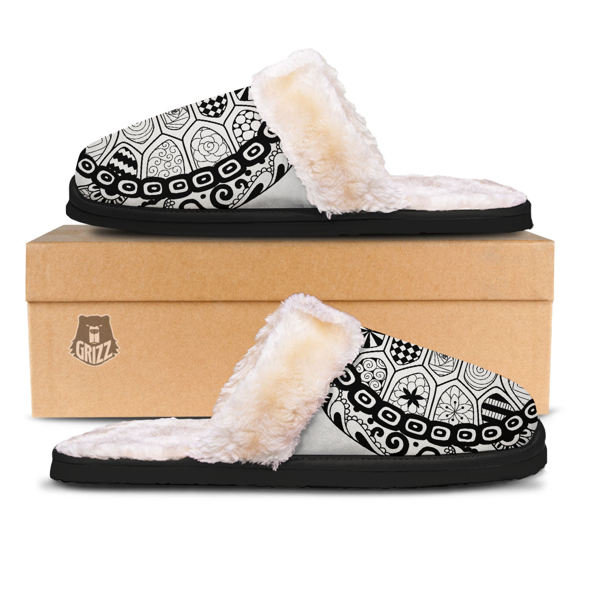 Maori Sea Turtle White And Black Print Slippers-grizzshop