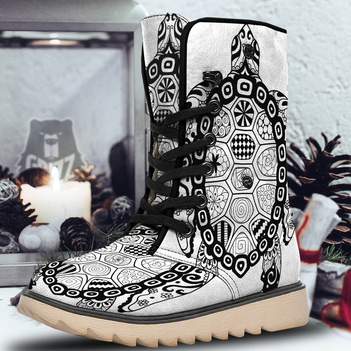 Maori Sea Turtle White And Black Print Snow Boots-grizzshop