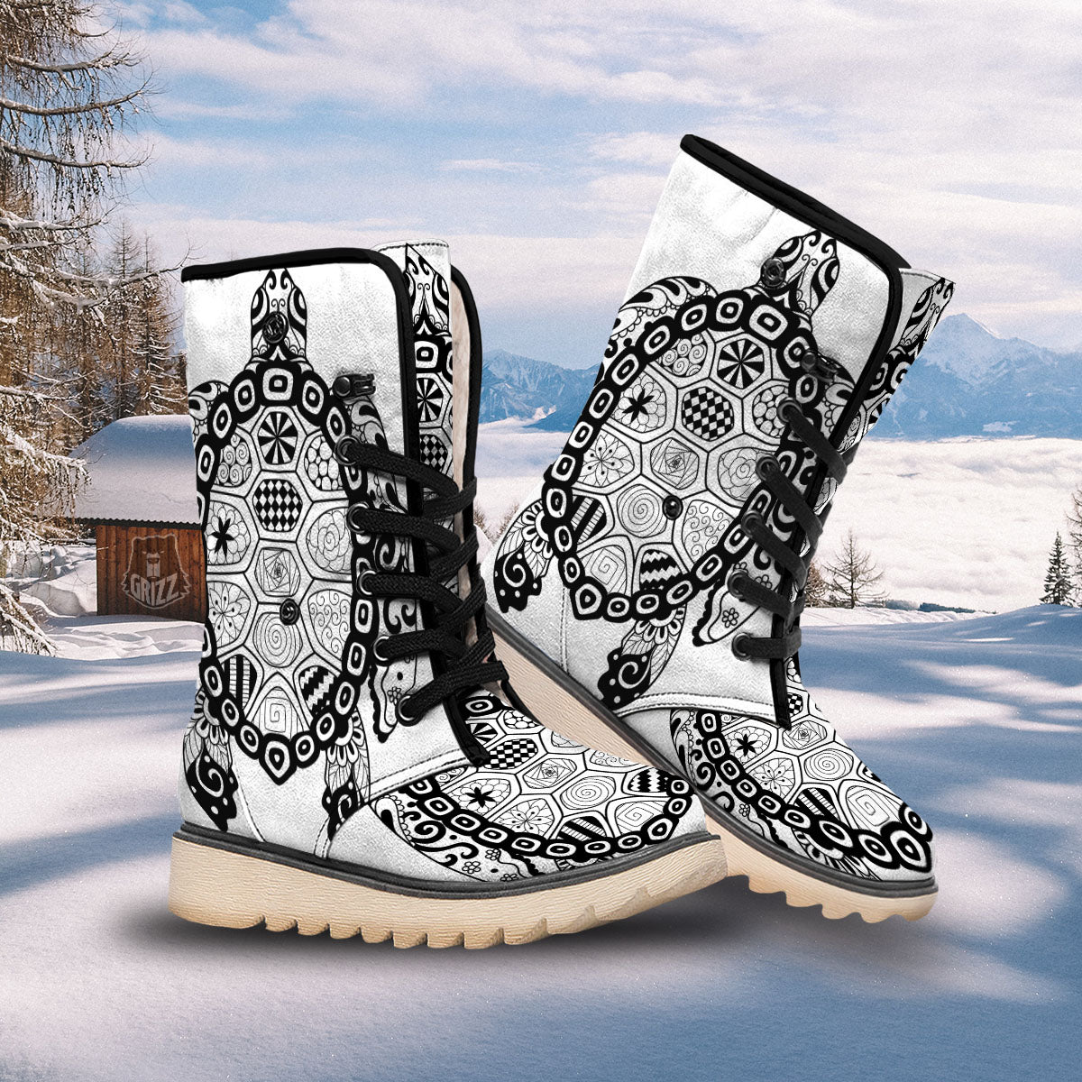 Maori Sea Turtle White And Black Print Snow Boots-grizzshop