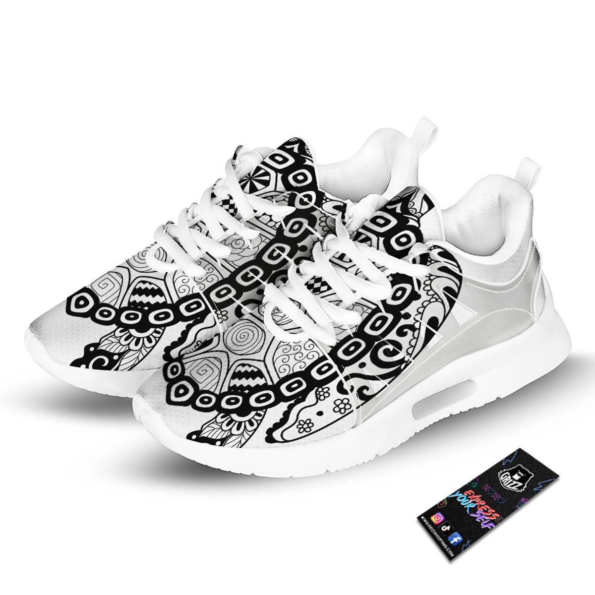 Maori Sea Turtle White And Black Print Tennis Shoes-grizzshop