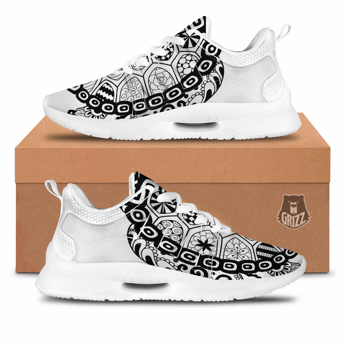 Maori Sea Turtle White And Black Print Tennis Shoes-grizzshop