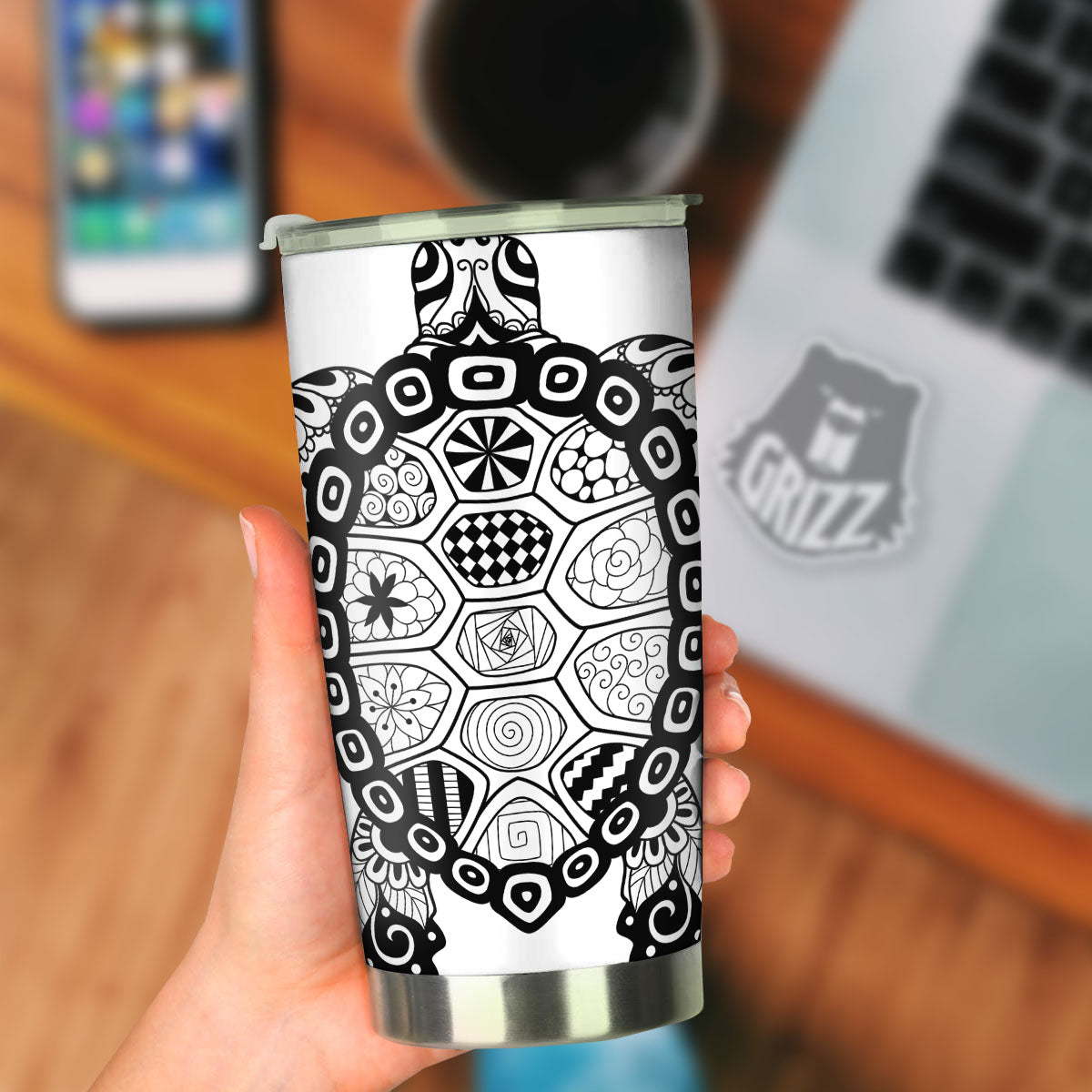 Maori Sea Turtle White And Black Print Tumbler-grizzshop