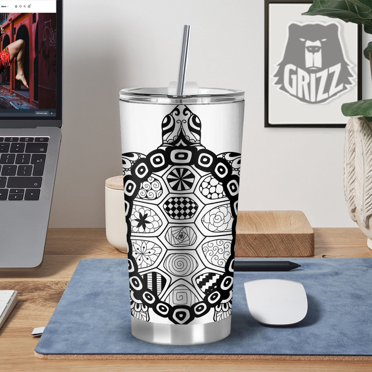 Maori Sea Turtle White And Black Print Tumbler-grizzshop