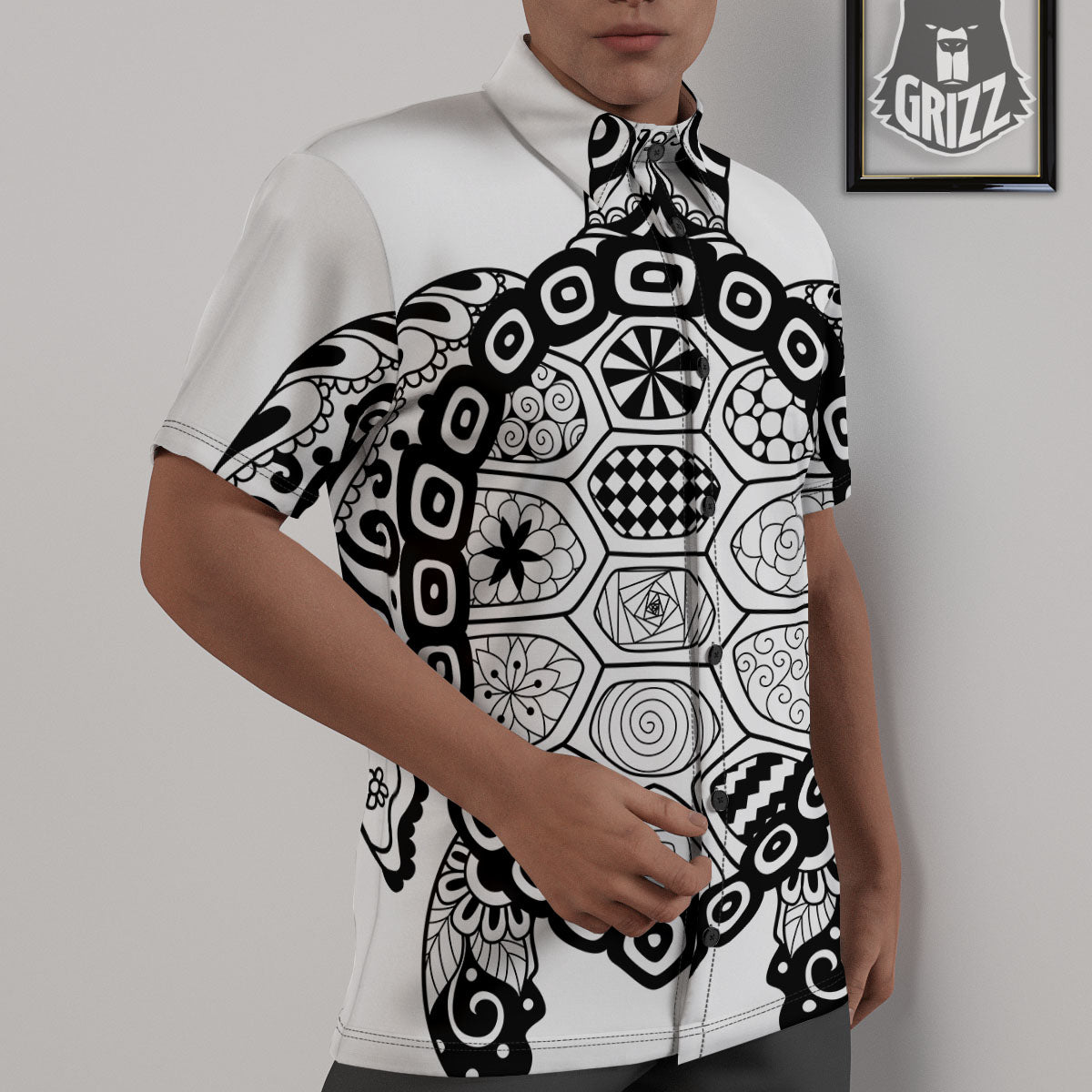 Maori Sea Turtle White And Black Print Untucked Shirts-grizzshop