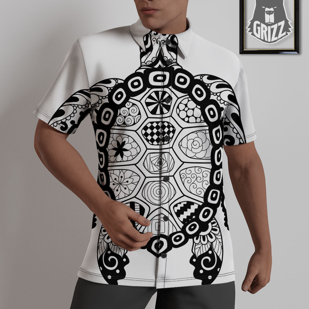 Maori Sea Turtle White And Black Print Untucked Shirts-grizzshop