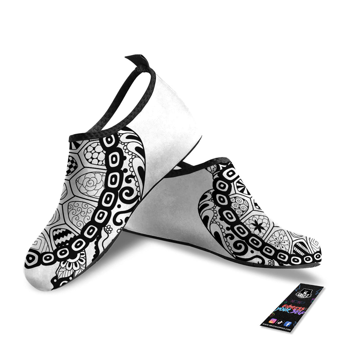 Maori Sea Turtle White And Black Print Water Shoes-grizzshop