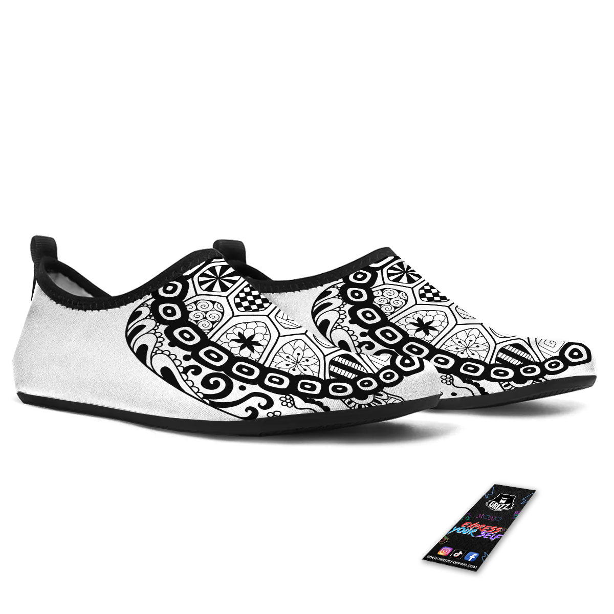 Maori Sea Turtle White And Black Print Water Shoes-grizzshop