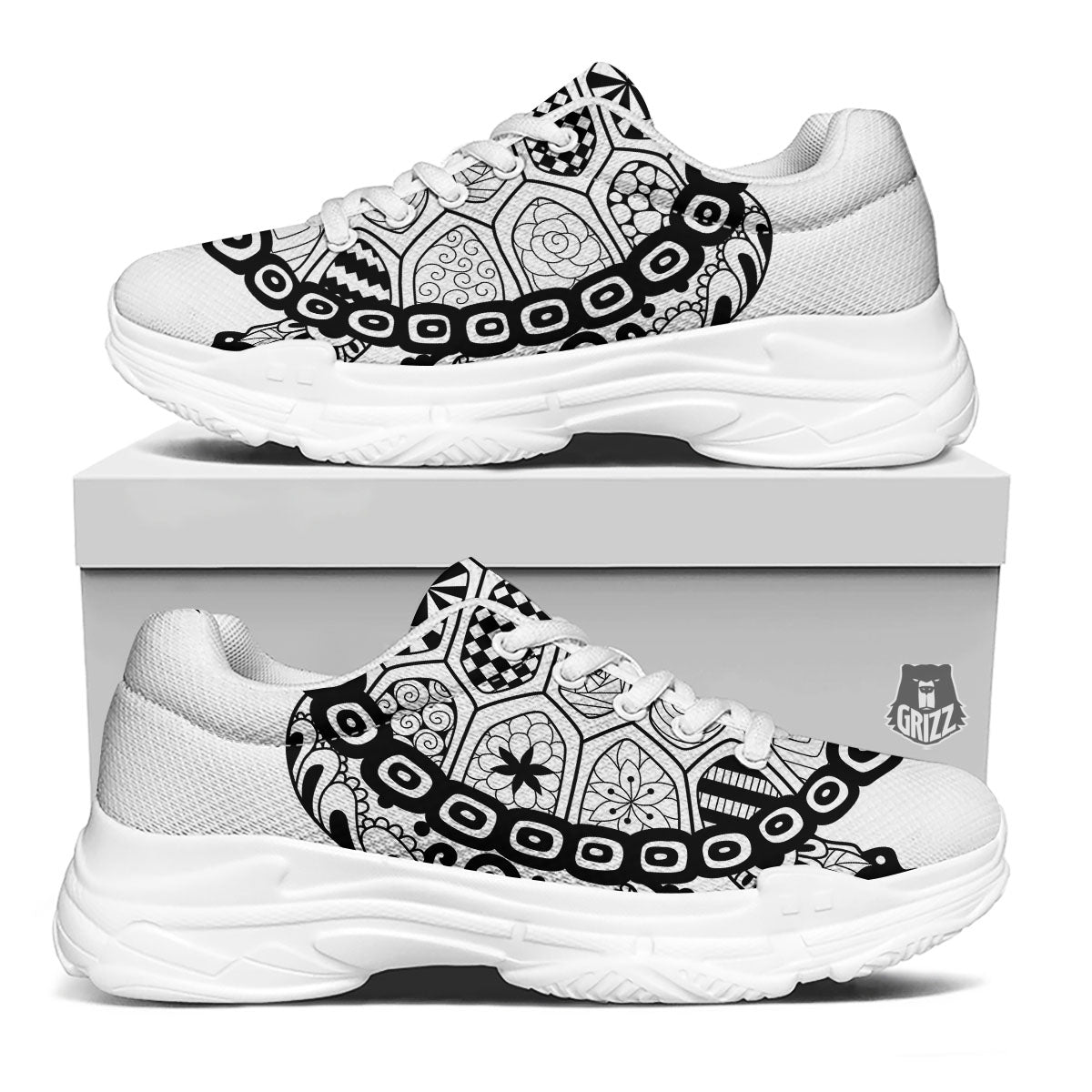 Maori Sea Turtle White And Black Print White Chunky Shoes-grizzshop