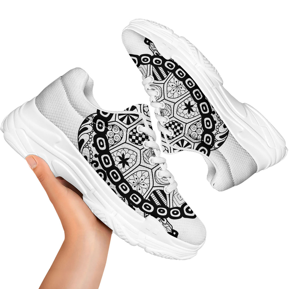 Maori Sea Turtle White And Black Print White Chunky Shoes-grizzshop