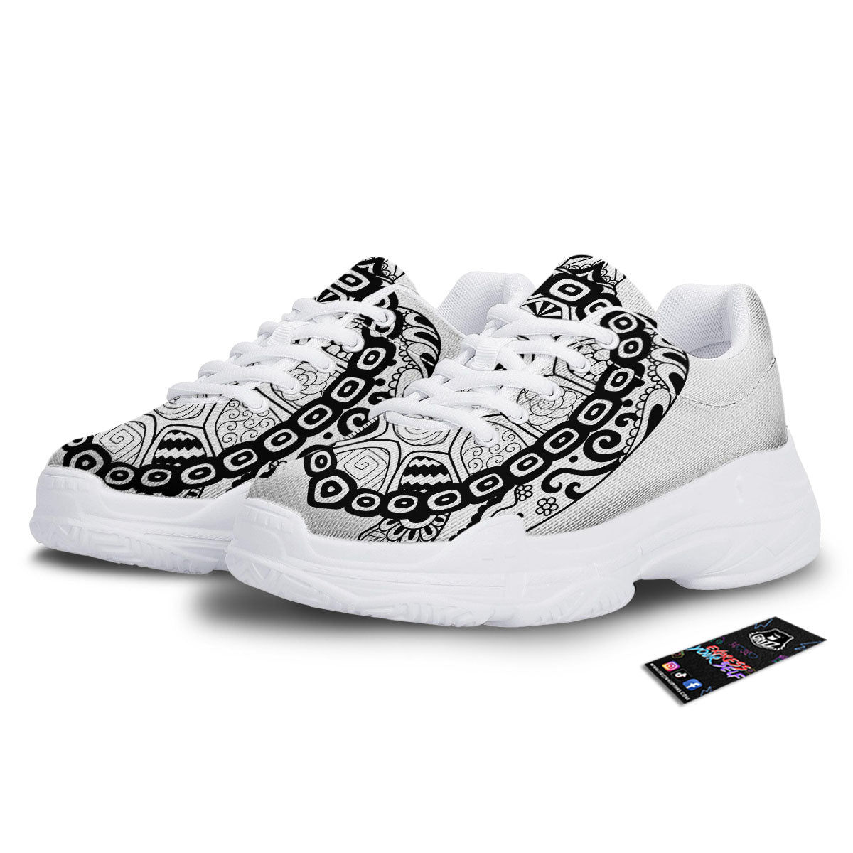 Maori Sea Turtle White And Black Print White Chunky Shoes-grizzshop