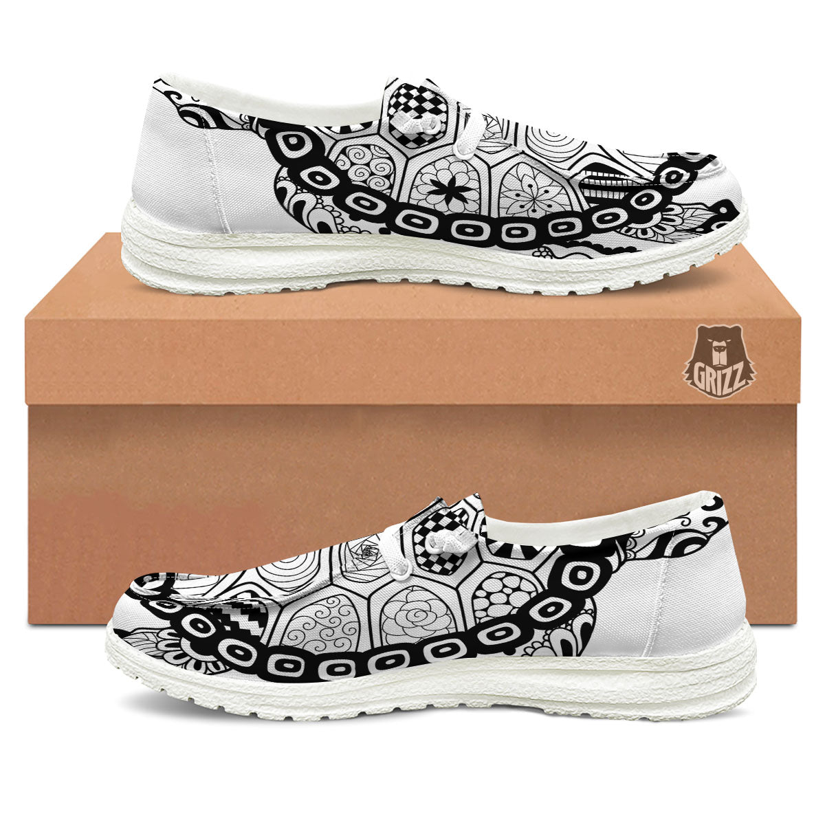 Maori Sea Turtle White And Black Print White Loafers-grizzshop