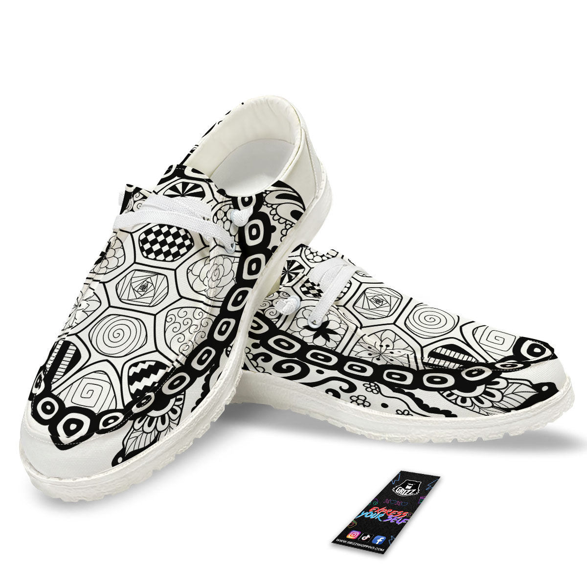 Maori Sea Turtle White And Black Print White Loafers-grizzshop