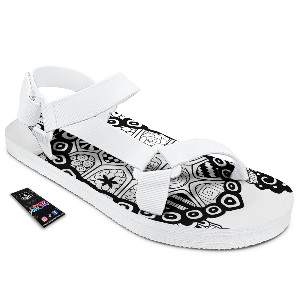 Maori Sea Turtle White And Black Print White Open Toe Sandals-grizzshop