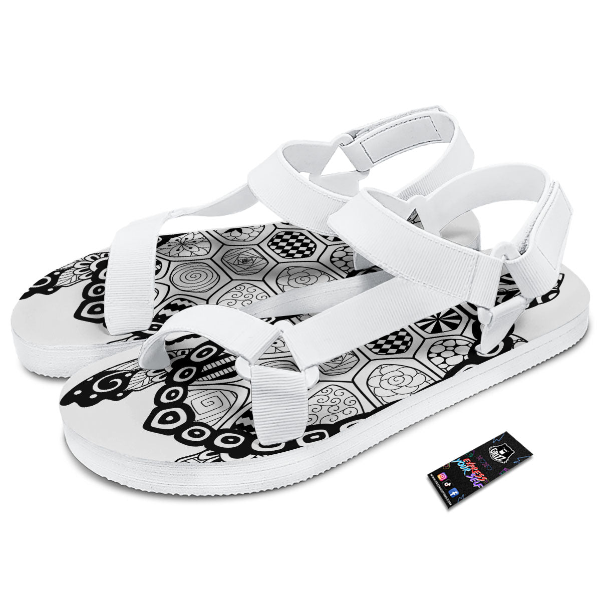 Maori Sea Turtle White And Black Print White Open Toe Sandals-grizzshop