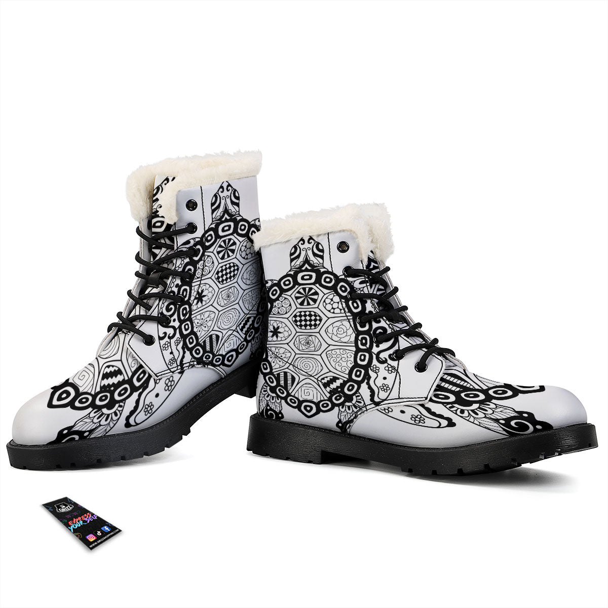 Maori Sea Turtle White And Black Print Winter Boots-grizzshop
