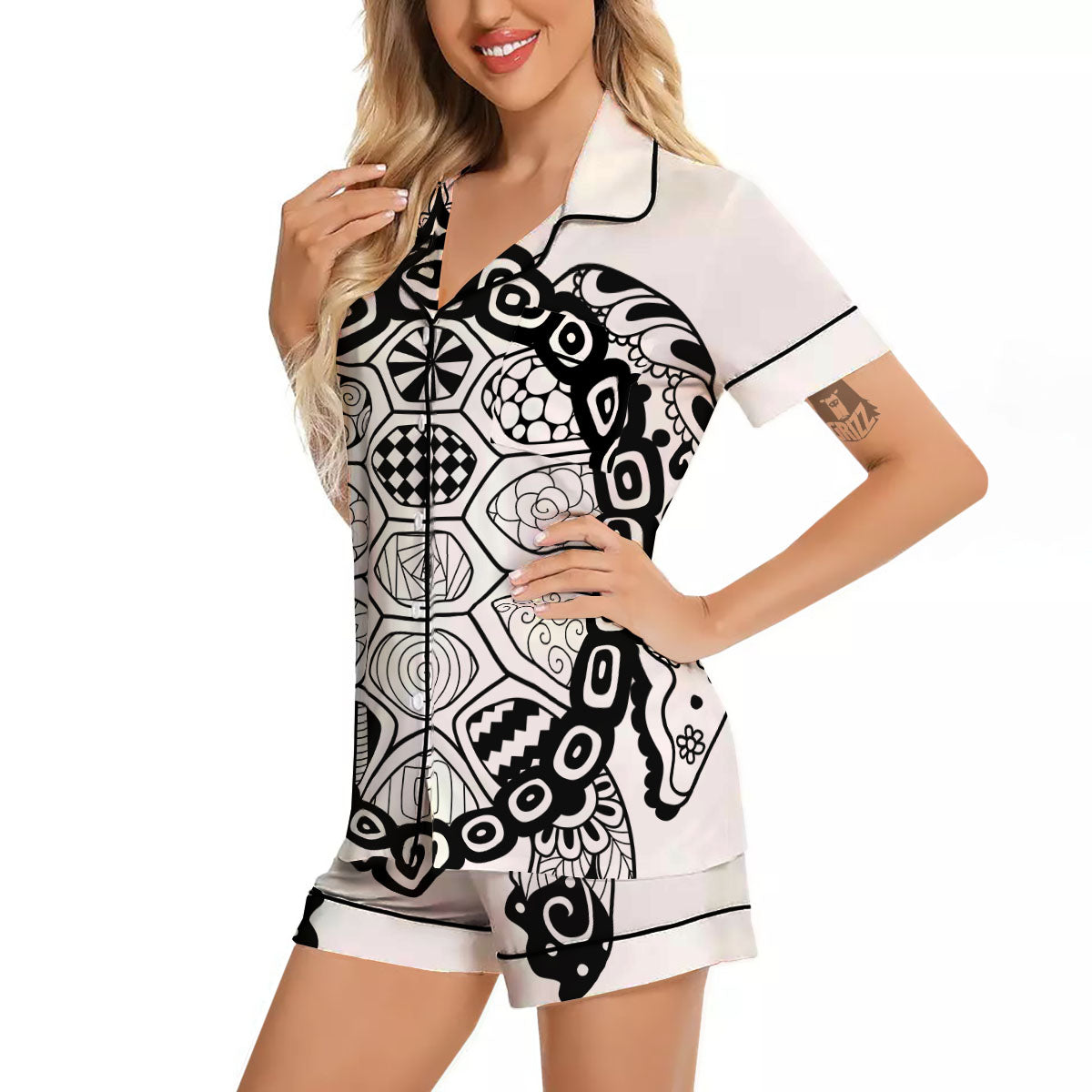 Maori Sea Turtle White And Black Print Women Silk Pajamas-grizzshop