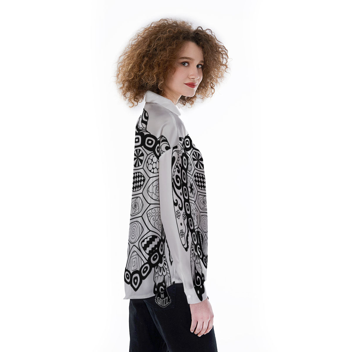 Maori Sea Turtle White And Black Print Women's Long Sleeve Shirts-grizzshop