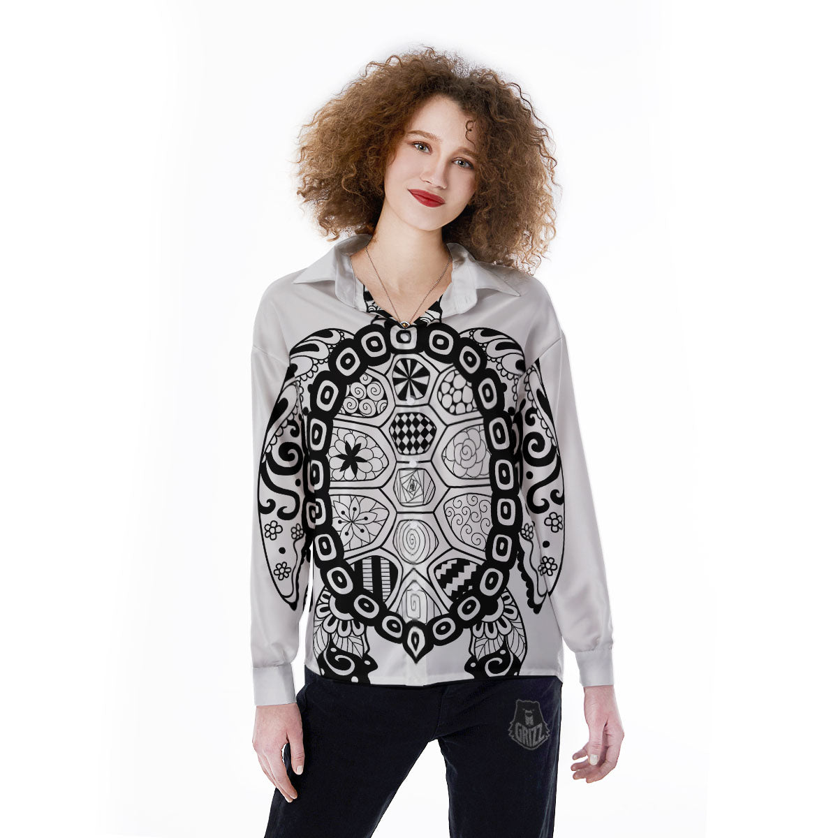 Maori Sea Turtle White And Black Print Women's Long Sleeve Shirts-grizzshop